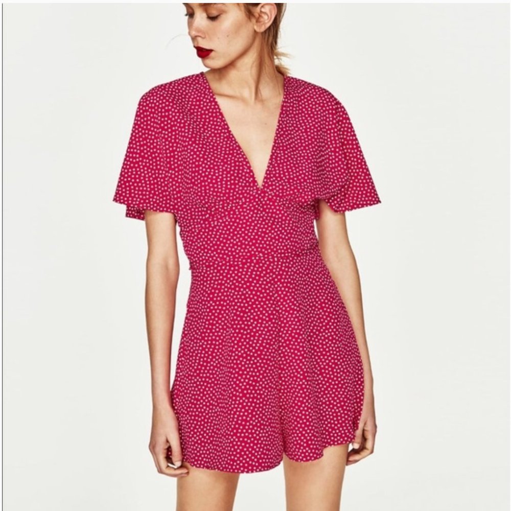 Zara Pink Polka Dot V Neck Romper